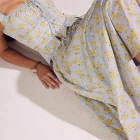 Cora Soft Blue Vintage Floral Print Cotton Midi Skirt - Image 6