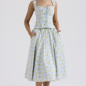 Cora Soft Blue Vintage Floral Print Cotton Midi Skirt - Image 7