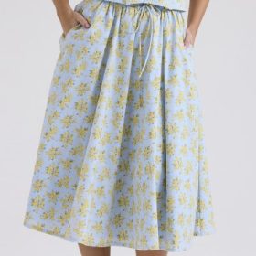 Cora Soft Blue Vintage Floral Print Cotton Midi Skirt - Image 8