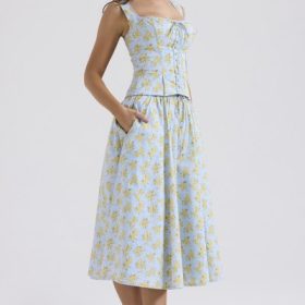 Cora Soft Blue Vintage Floral Print Cotton Midi Skirt - Image 9