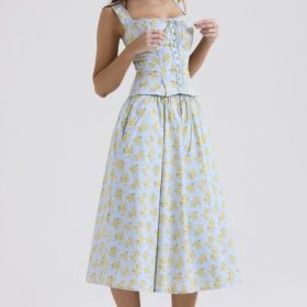 Cora Soft Blue Vintage Floral Print Cotton Midi Skirt - Image 10