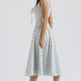 Cora Soft Blue Vintage Floral Print Cotton Midi Skirt - Image 11