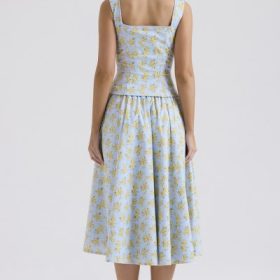 Cora Soft Blue Vintage Floral Print Cotton Midi Skirt - Image 12