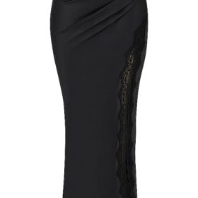 Ruby Black Satin Lace Trim Midi Skirt - Image 2
