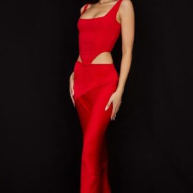 Colette Scarlet Satin Low Waist Midi Skirt - Image 9