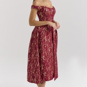 Charming Gold and Berry Lace Midi Off Shoulder Dress