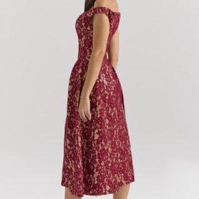 Charming Gold and Berry Lace Midi Off Shoulder Dress - Image 2