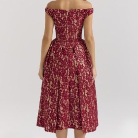 Charming Gold and Berry Lace Midi Off Shoulder Dress - Image 3