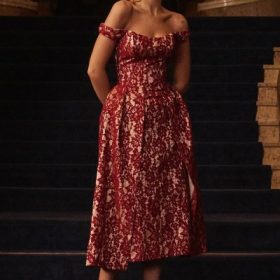 Charming Gold and Berry Lace Midi Off Shoulder Dress - Image 4
