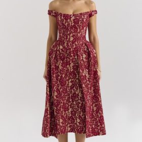 Charming Gold and Berry Lace Midi Off Shoulder Dress - Image 5