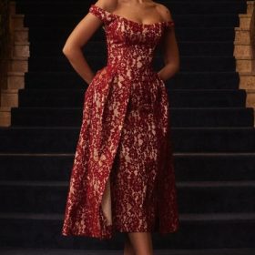 Charming Gold and Berry Lace Midi Off Shoulder Dress - Image 6