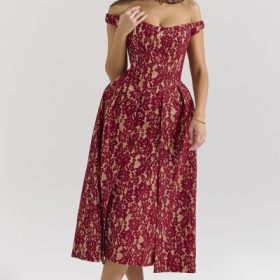 Charming Gold and Berry Lace Midi Off Shoulder Dress - Image 7