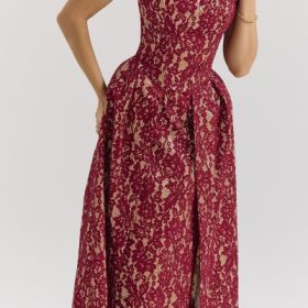 Charming Gold and Berry Lace Midi Off Shoulder Dress - Image 8