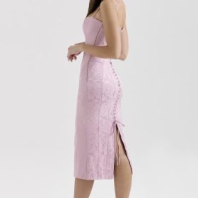 Ophelle Pink Jacquard Lace Up Bodycon Midi Dress - Image 11