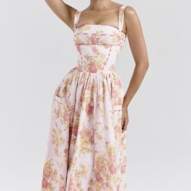 Vivien Peach Poppy Print Cotton Midi Sundress - Image 5