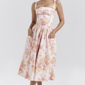 Vivien Peach Poppy Print Cotton Midi Sundress - Image 7