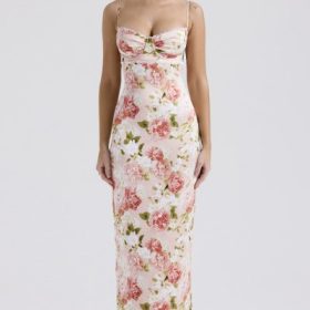 Josefina Pink Peony Print Satin Maxi Dress - Image 6