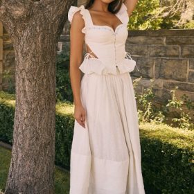 Augustine White Embroidered Cotton Midi Skirt