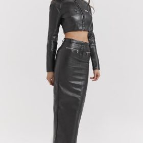 Tana Black Vegan Leather Maxi Skirt - Image 9