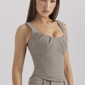 Selma Brown Puppytooth Boned Corset Top - Image 8