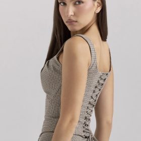 Selma Brown Puppytooth Boned Corset Top - Image 10
