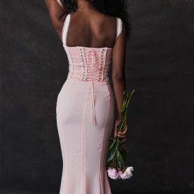 Syrah Soft Peach Lace Back Midi Dress