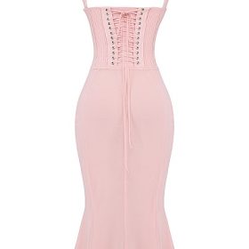 Syrah Soft Peach Lace Back Midi Dress - Image 4