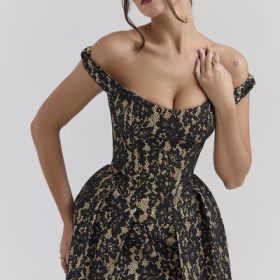 Charming Black Gold Lace Off Shoulder Midi Gown - Image 7