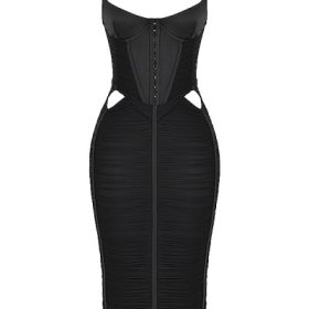 Maya Black Ruched Midi Dress - Image 2