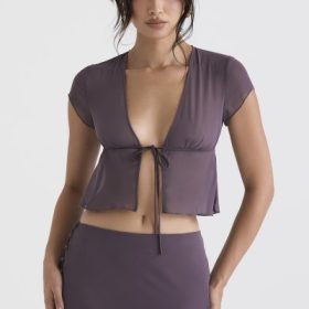 Maia Dark Mauve Tie Front Top - Image 7