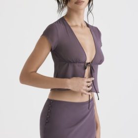 Maia Dark Mauve Tie Front Top - Image 10