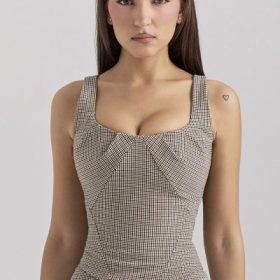 Selma Brown Puppytooth Boned Corset Top - Image 5