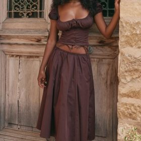 Cora Rich Brown Gathered Midi Skirt
