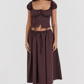 Cora Rich Brown Gathered Midi Skirt - Image 7