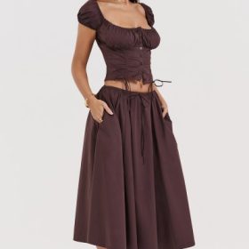 Cora Rich Brown Gathered Midi Skirt - Image 9