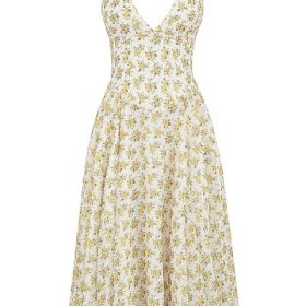 Solada Ivory Vintage Floral Print Georgette Halter Sundress - Image 2