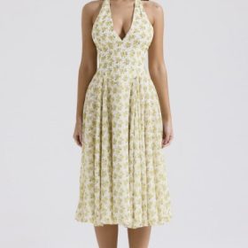 Solada Ivory Vintage Floral Print Georgette Halter Sundress - Image 6