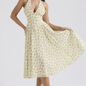 Solada Ivory Vintage Floral Print Georgette Halter Sundress - Image 7