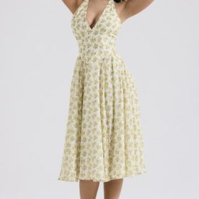 Solada Ivory Vintage Floral Print Georgette Halter Sundress - Image 8