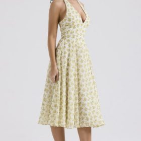 Solada Ivory Vintage Floral Print Georgette Halter Sundress - Image 9