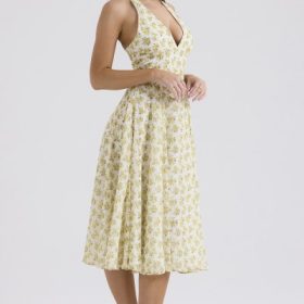 Solada Ivory Vintage Floral Print Georgette Halter Sundress - Image 10