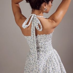 Adabella White Bluebell Print Cotton Halter Sundress