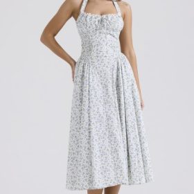 Adabella White Bluebell Print Cotton Halter Sundress - Image 5