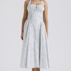 Adabella White Bluebell Print Cotton Halter Sundress - Image 7