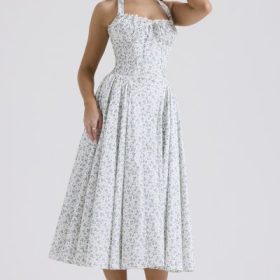 Adabella White Bluebell Print Cotton Halter Sundress - Image 8