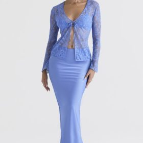 Clara Blue Satin Bias Cut Midi Skirt - Image 5