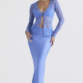 Clara Blue Satin Bias Cut Midi Skirt - Image 7
