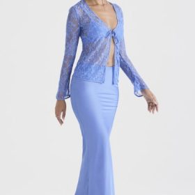 Clara Blue Satin Bias Cut Midi Skirt - Image 9