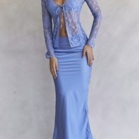 Clara Blue Satin Bias Cut Midi Skirt - Image 14