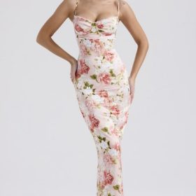 Josefina Pink Peony Print Satin Maxi Dress - Image 5
